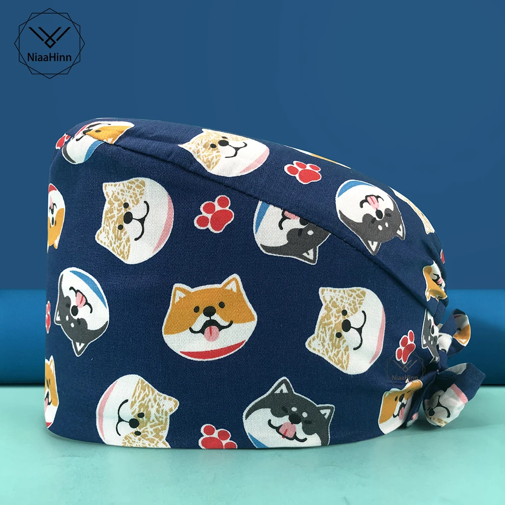 

Unisex Cotton Beauty Salon Working Hats with Sweatband Surgical Cap Dentist High-end Printed Doctor Scrub Hat Nurse Accessories