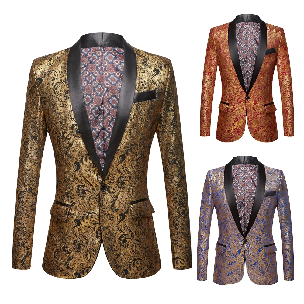 Мужской позолоченный черный костюм с воротником Свадебный облегающий золотым