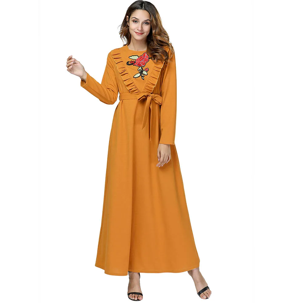 

BNSQ Round neck long-sleeved ruffled embroidered long Dress women large size girls mopping long home party dress folds