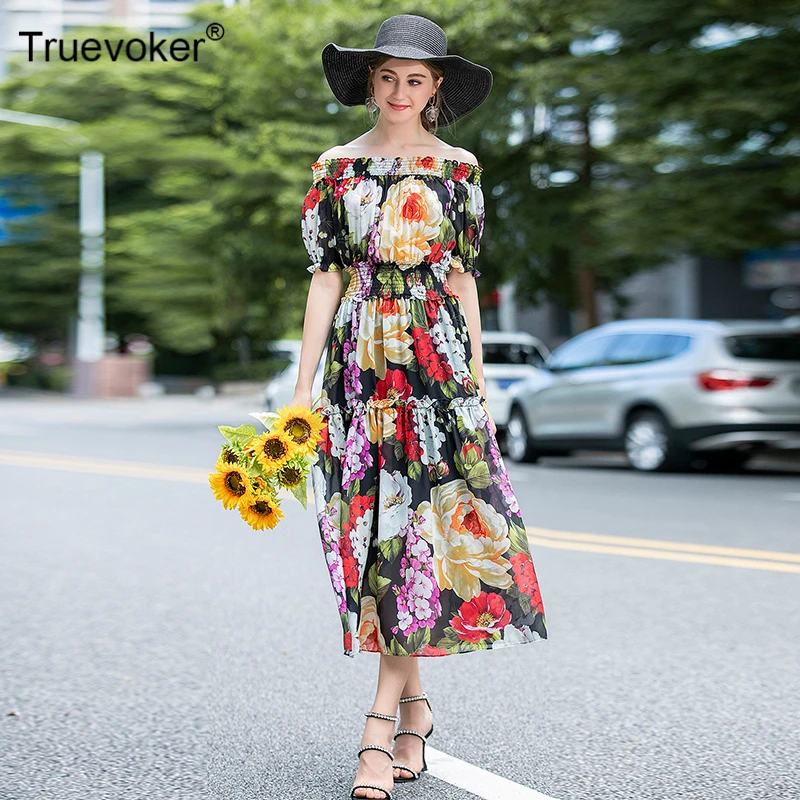 Summer Runway Holiday Chiffon Dresses Women's Elegant Off The Shoulder Multicolor Floral Print Midi Party Dress
