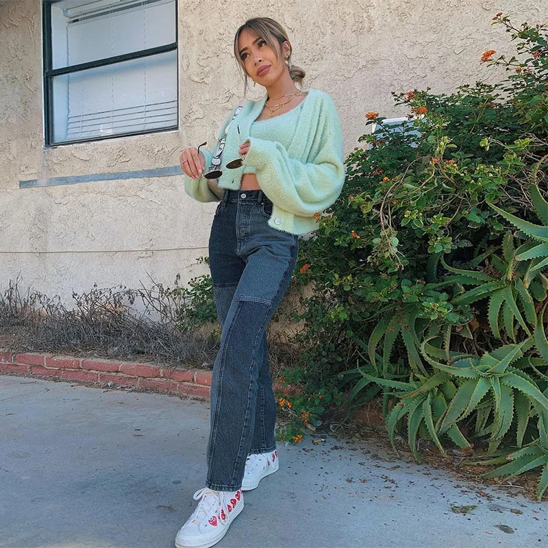 

Vintage Patchwork Fashion Women's Y2K Jeans Streetwear Retro Harajuku Casual Denim Pants Basic High Waist Trousers Cuteandpsycho