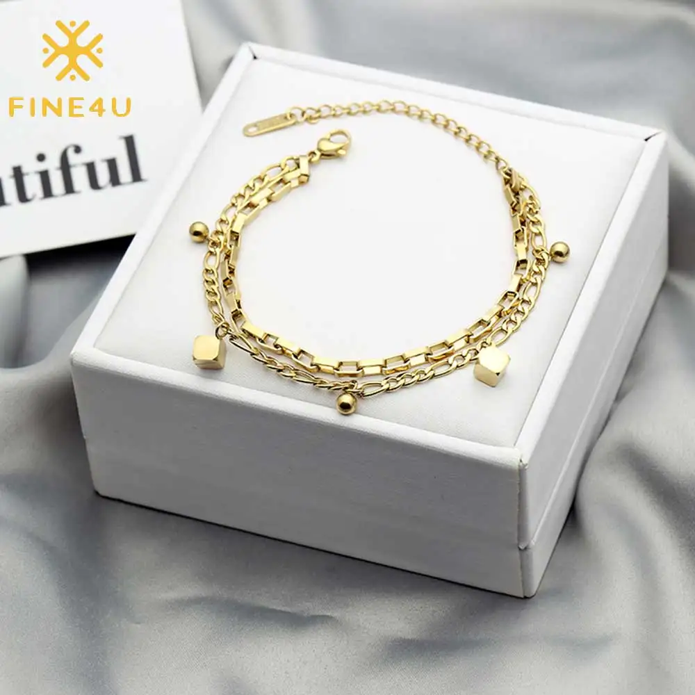 

FINE4U B405 Gold Color Women Layered Bracelet Stainless Steel Figaro Chain Bracelets Adjustable Fashion Jewelry
