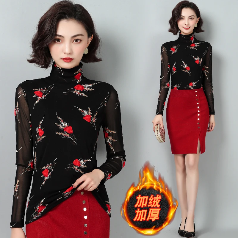 

Женский винтажный свитер с высоким воротником и цветочным принтом, женский осенне-весенний прозрачный облегающий свитер с высоким воротни...