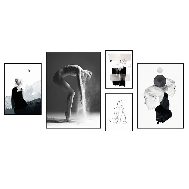 

Nordic Black White figuars wall art Canvas Painting posters Prints Watercolor girl picture for Living Room Morden Home Decor