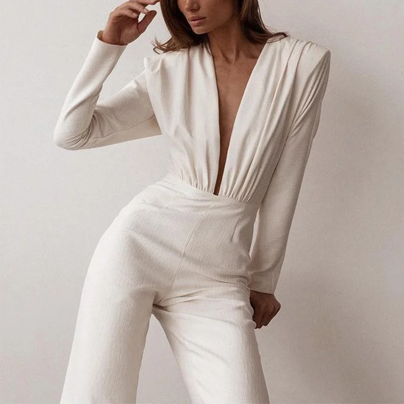 

2021 Summer Women's V-Neck Pleated Jumpsuit Long-sleeved High Waist Bodycon Jumpsuits Female Lady Elegant Sexy Rompers