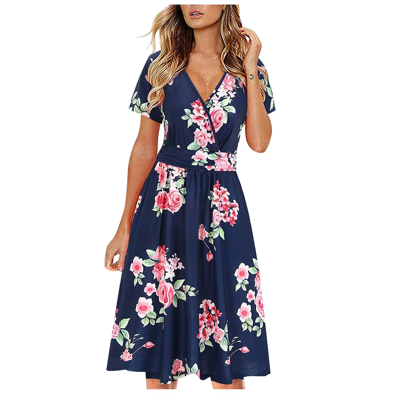 

Flower Printed Loose Dresses With Pocket Summer Dresses For Women Short Sleeves Sexy Dress For Women Sundress vestido feminino