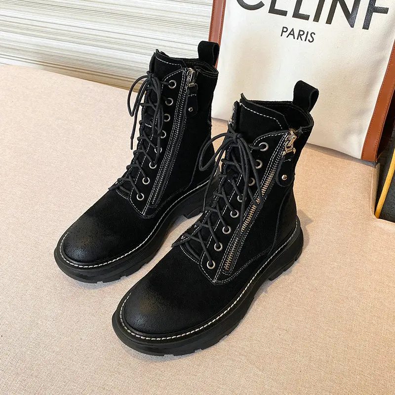 

2021 New Autumn Winter Platform Women Ankle Boots Warm Genuine Leather Motorcycle Boots Chunky Heels Dancing Shoes Woman