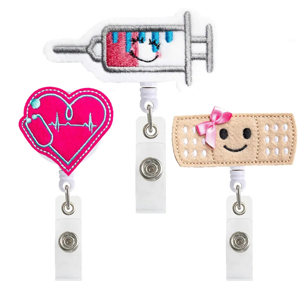 

1 Pcs 3 Color Fashion Felt Embroidery Cute Retractable Nurse Badge Reel Clip Badge Holder Students Doctor Id Card Holder