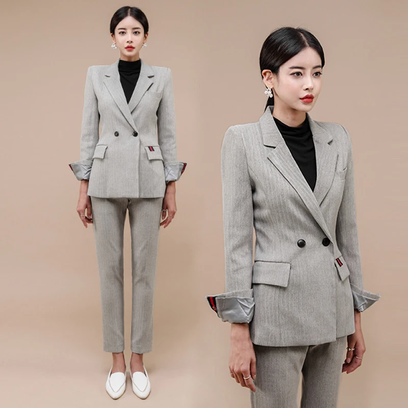 Женский офисный костюм из двух предметов элегантный пиджак в полоску с
