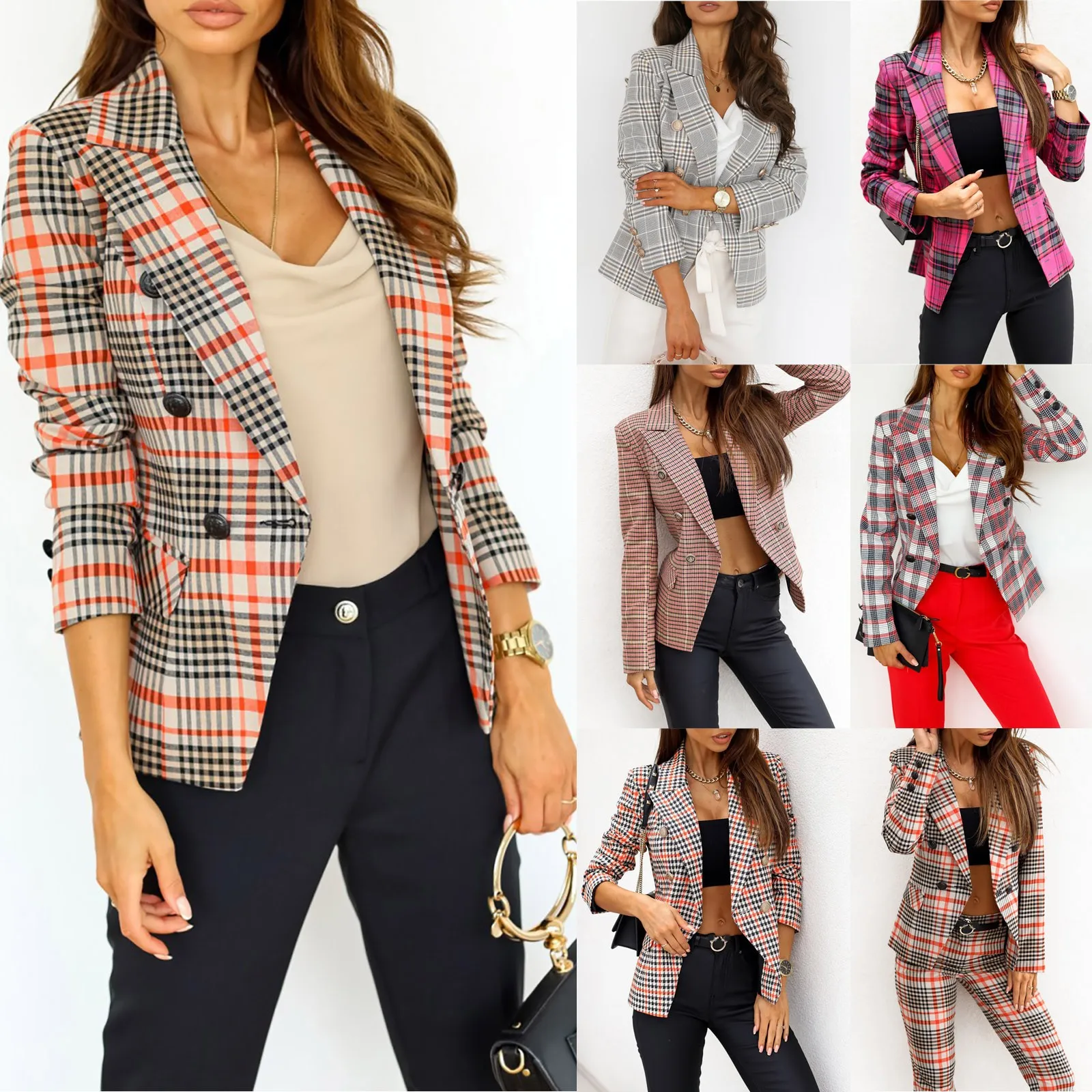 

Women's Fashion Casual Double-breasted Printed Suit Small Jacket Formal Long Sleeve Jackets Elegant Office Ladies Blazers 2021