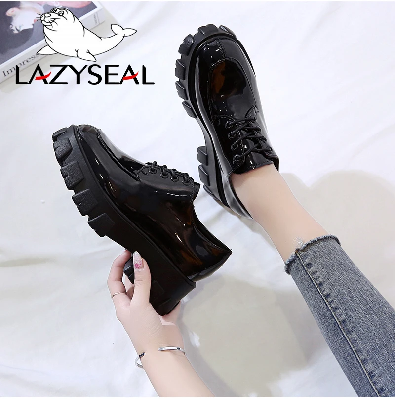 LazySeal обувь из лакированной кожи на платформе; женская обувь на шнуровке; обувь с круглым носком на толстой подошве; повседневная женская обувь; zapatos mujer