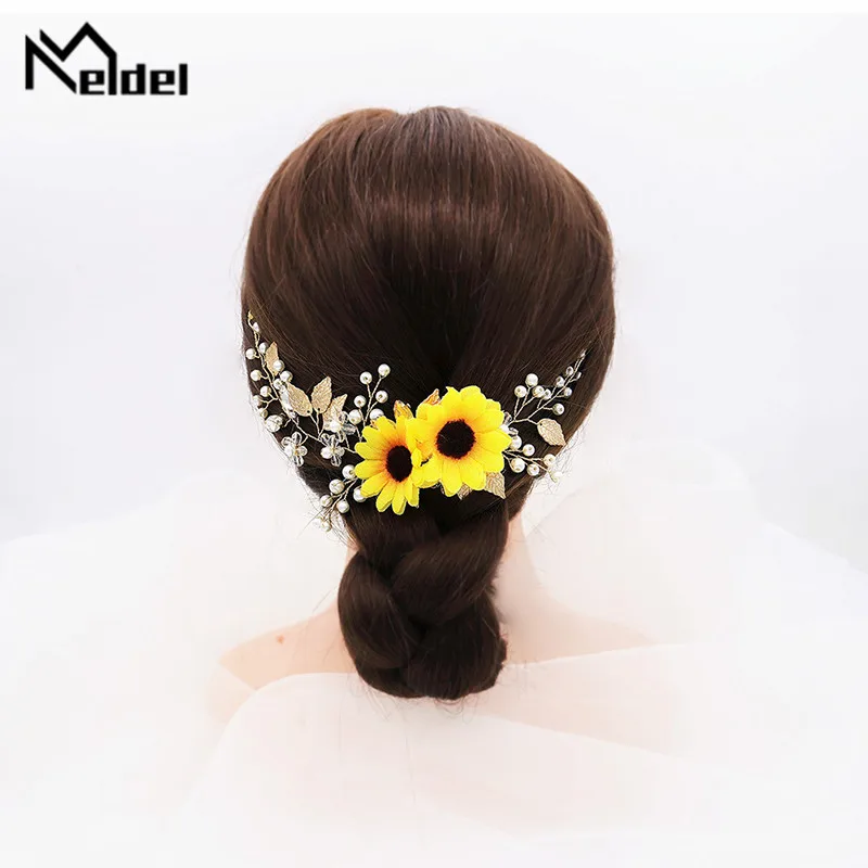 

Meldel Wedding jewelry woman hair band yellow flowers bride jewelry handmade rhinestones beautiful girl sun flower headdress