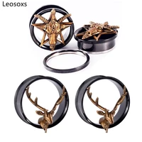 leosoxs stainless steel antlers black electroplated pulle sheep head gold six pointed star ear tunnels plugs jewelry piercing