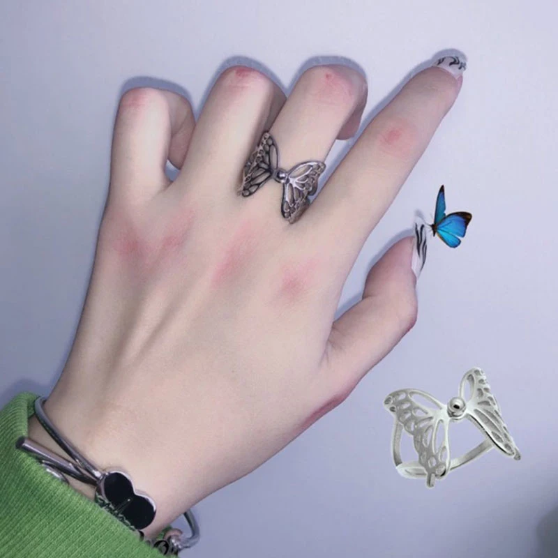 

Harajuku Goth Vintage Aesthetic Hollow Silver Colour Butterfly Rings for Women Men Egirl Dating Punk Jewellery Sale Wholesale