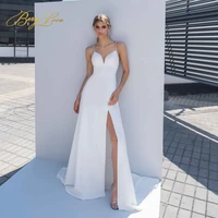 berylove a line wedding reception dress white satin spaghetti strap wedding gown elegant court train side split beach dresses