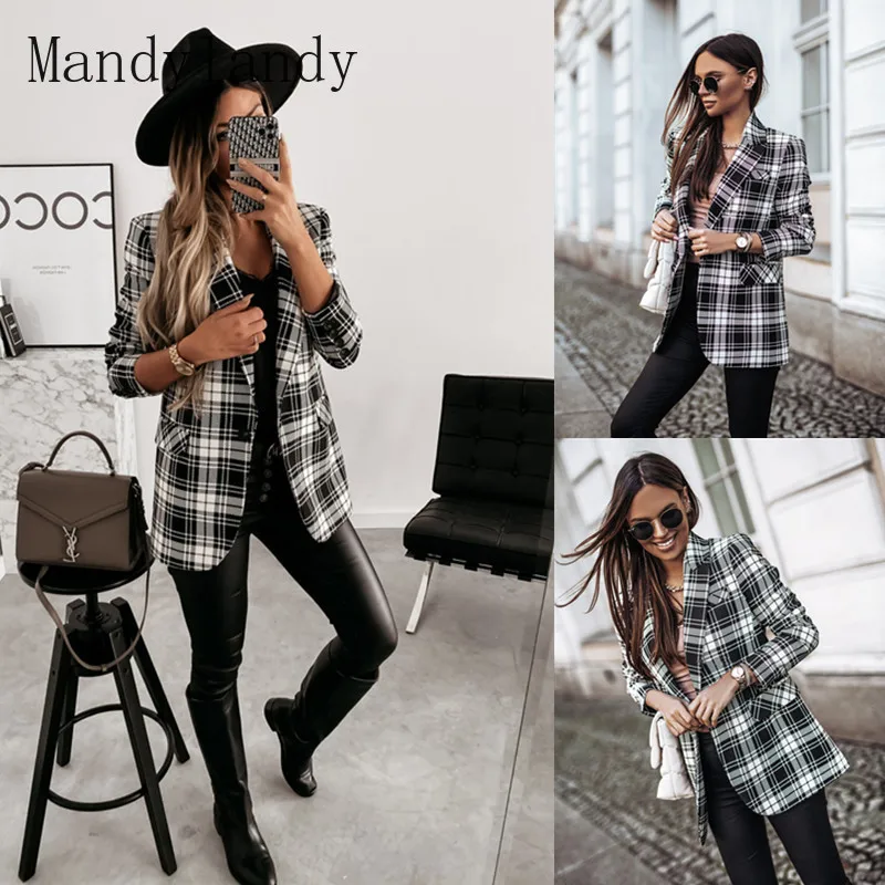 

Mandylandy Autumn and Winter Leisure Long Sleeve V-neck Coat Women's Fashion Plaid Printed Single Breasted Slim Blazers Jacket