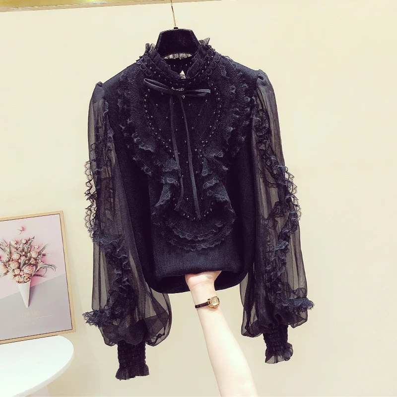 

Women's thin knit sweater autumn 2021 new product chiffon sleeve top Black