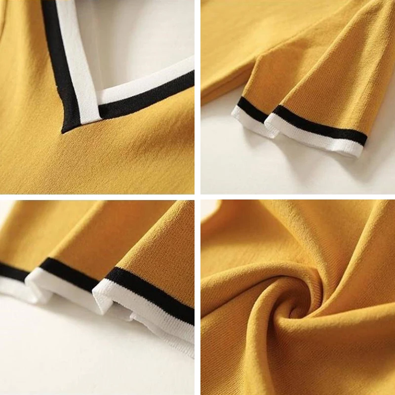 

Fashion Stripe Short Sleeve Knitted T-shirt Women Korean Style Elastic Slim Tee Female 2021 New Summer Sexy V-Neck Knitwear Tops