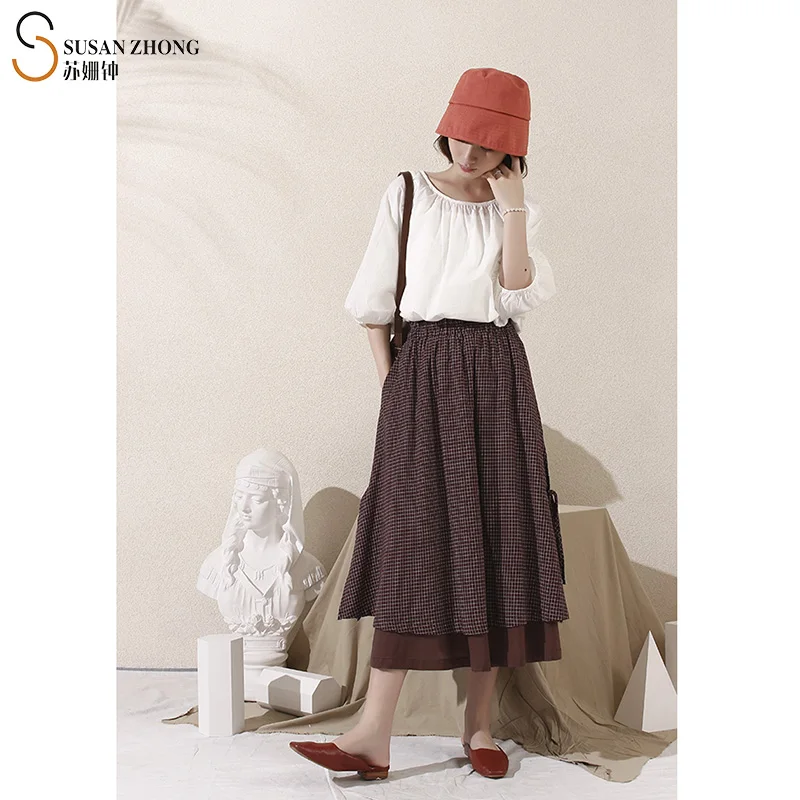 

Women Skirt Female Designer Minimalist Fall Spring Ball Gown Vintage Plaid Check Cotton Elastic Waist Side Draped Pockets Calf