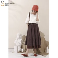 women skirt female designer minimalist fall spring ball gown vintage plaid check cotton elastic waist side draped pockets calf