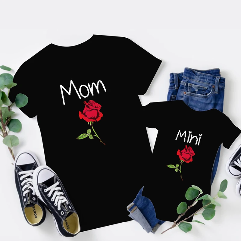 Ropa a juego para madre e hija, Mini camiseta rosa, camiseta de flores para beb&eacute;, ropa de manga corta, Top bonito de verano-3