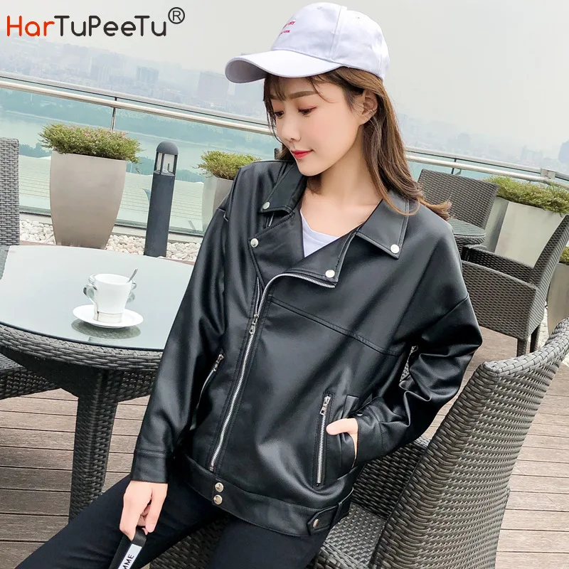 Fall Women PU Leather Motorcycle Jacket Loose Fit BF Short Style Black Coat Korean Style Button Zipper Pockets Spring Outwear