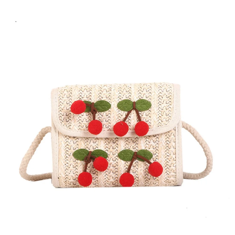 

Female Shoulder Bag Woman Summer Straw Weaving Shoulder Messenger Bags Ladies Sweet Cherry Beach Crossbody Bag Small Square Bag
