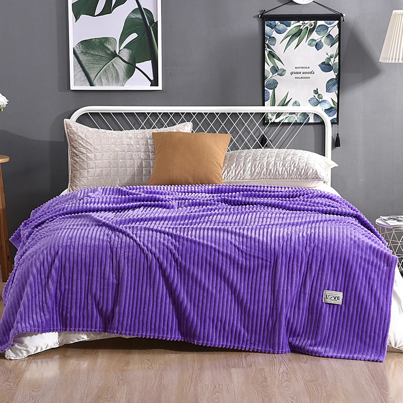 

Pure Color Large Vertical Strip Flannel Blanket All Season Home Bed Blankets Thicken Bedspread Fluffy Kids Comforter Covering