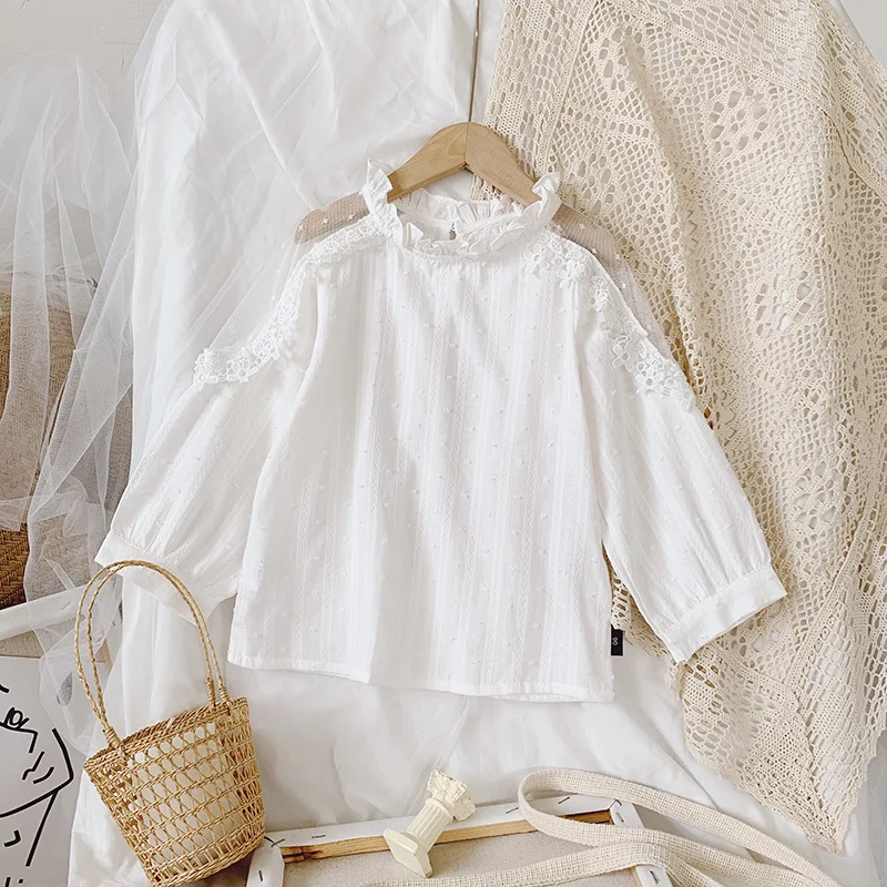

Girls Lace Stitching White Blouse Autumn Korean Fashion Children's Round Neck Long-Sleeve Shirts Toddler Baby Kids Clothes WTB47