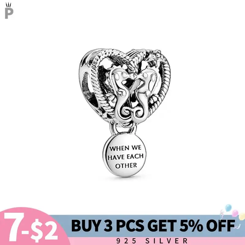 

Authentic 925 Sterling Silver Hollow Seahorse Pattern Heart-Shaped Love Charm Fit Original Pandora Bracelet Necklace DIY Jewelry