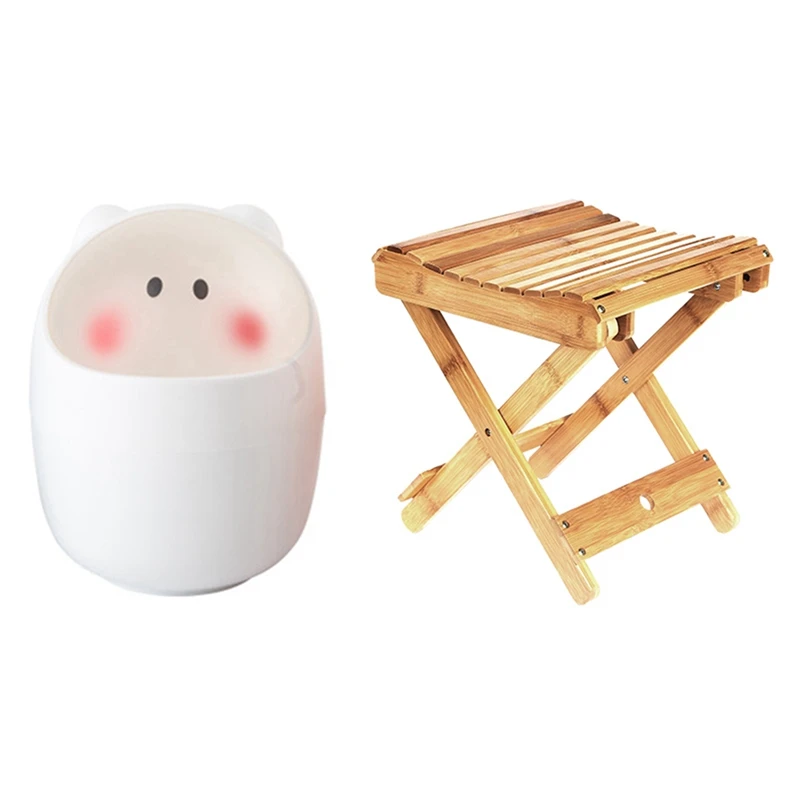 

Mini Waste Bin Desktop Garbage Basket Cleaning Barrel with Folding Bamboo Step Stool for Shower