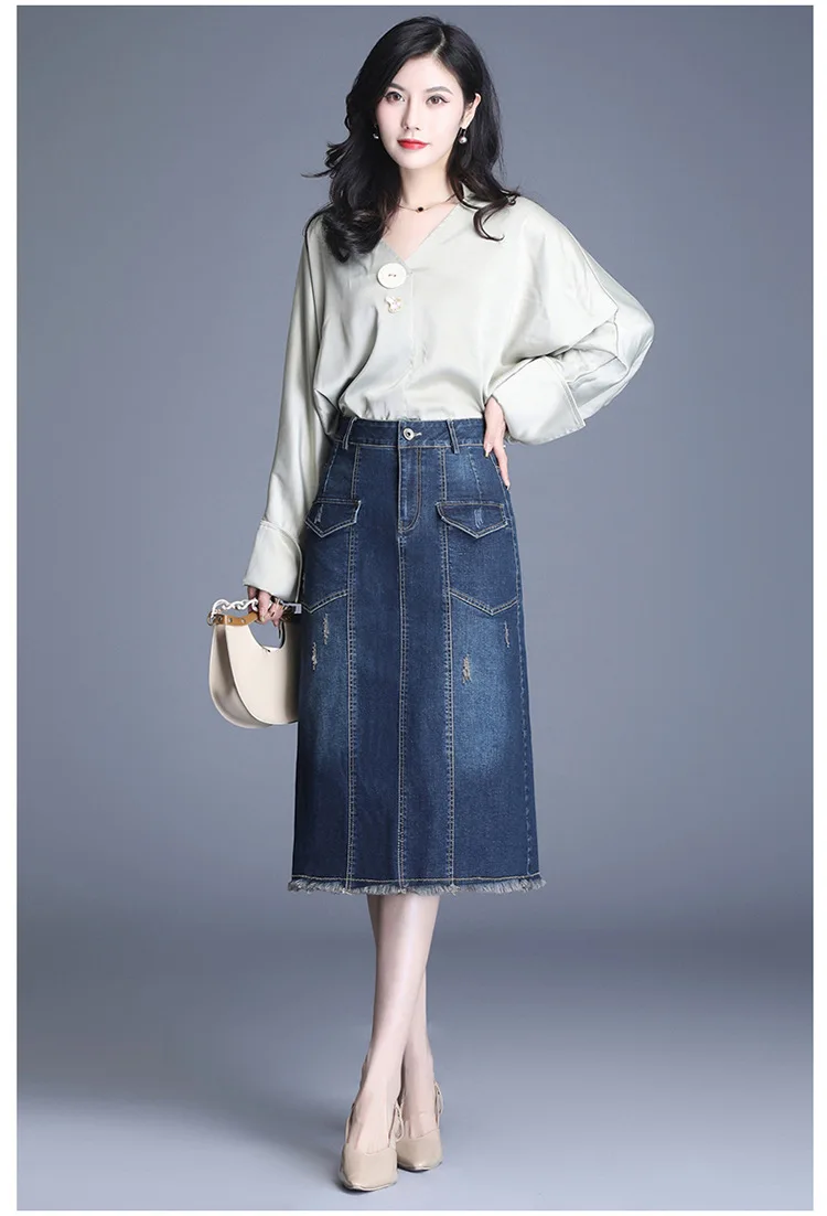 

Vintage A-line Denim Skirt Women Spring Autumn High Waisted Slim Casual Elegant Korean Pocket Ripped Jean Skirts Plus Size 9926