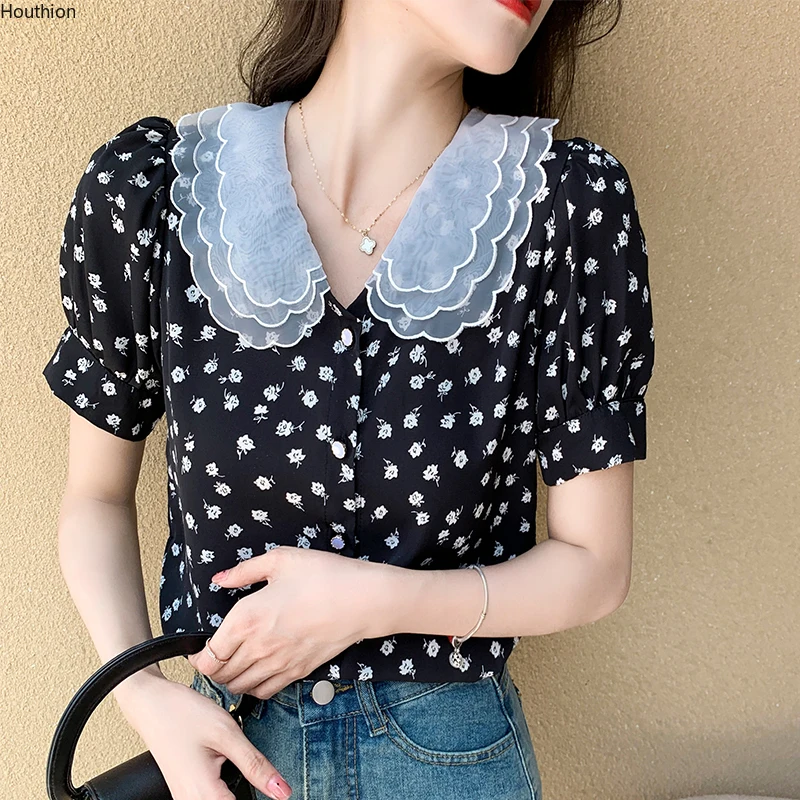 

Блузка женская с коротким рукавом, модный топ в Корейском стиле, Свободная Повседневная рубашка с искусственным воротником, лето