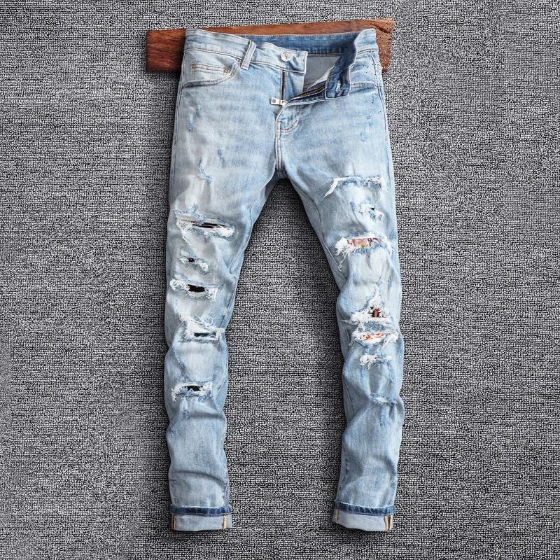 American Street Style Fashion Men Jeans Retro Light Blue Elastic Slim Fit Ripped Jeans Men Patches Designer Hip Hop Denim Pants