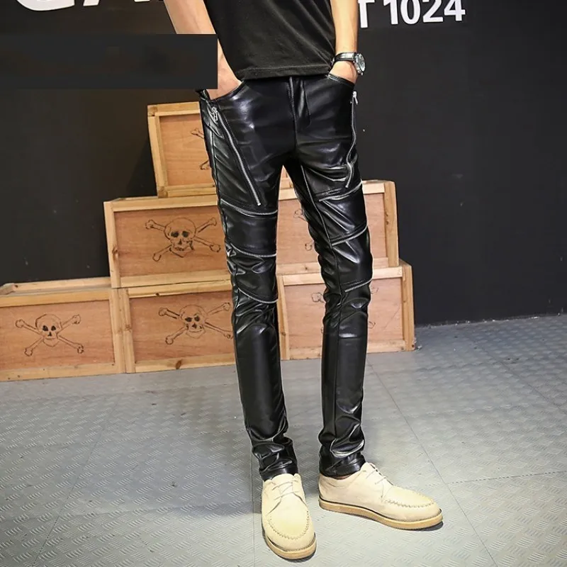

Fashion 2023 New PU Faux Leather Mens Pants Motorcycle Zipper Punk Men Slim Fit Trousers Casual Nightclub Skinny Pencil Pants