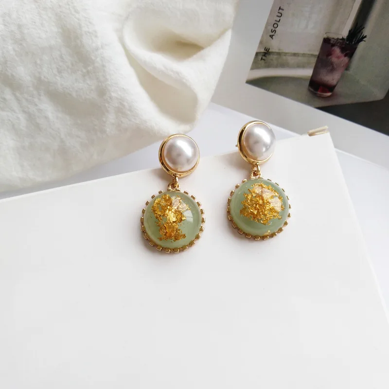 

925 Silver Needle Fashion Jewelry Earrings Popular Style Simulated Pearl With Round Gold Color Green Resin Drop Earrings Gift