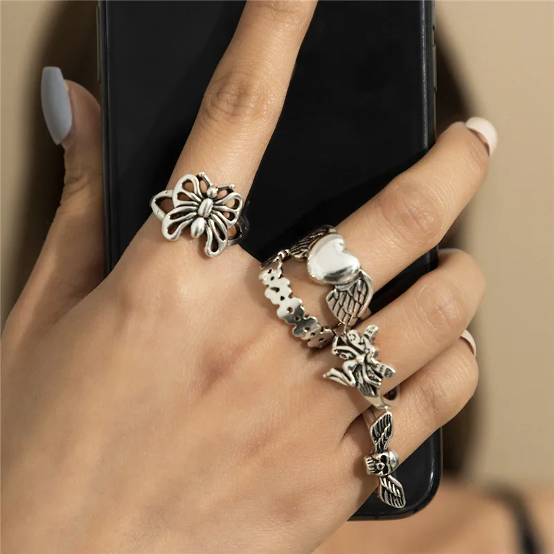 

2021 New 5pcs/Set Silver Boho Knuckle Ring Butterfly Finger Heart Rings Set for Women Girls Jewelry