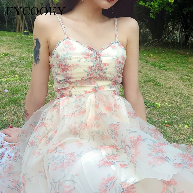 

Sweet Floral Pleated Tutu Dress Women Summer Korean Loose Print Strap Dresses Female 2021 New Kawaii Fashion Puffy Dress