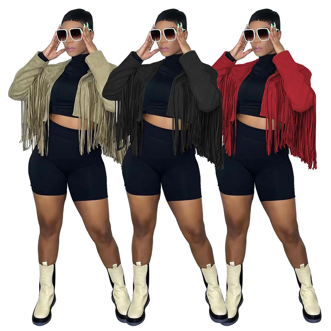 

RStylish Autumn Winter Tassel Jackets For Women Fashion Solid Long Sleeve Streetwear Sexy Motor Biker Zip Up Coats