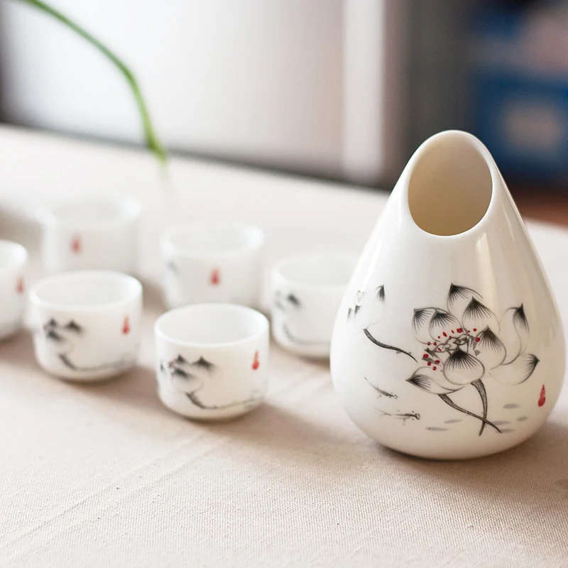 

High quality Chinese wine Pot set,Handmade Ceramics Pottery Porcelain 1 Sake Pot + 6Sake cup,Handpainted Ceramics Sake Wine Pot