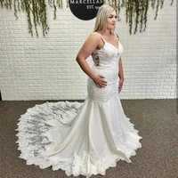 mermaid wedding dress lace open back long sleeve court train tulle for plus size women lady elegant