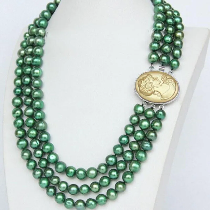 Бесплатная доставка Подлинная 16 &quot3 нити 9 мм зеленый FW жемчуг ожерелье Камея