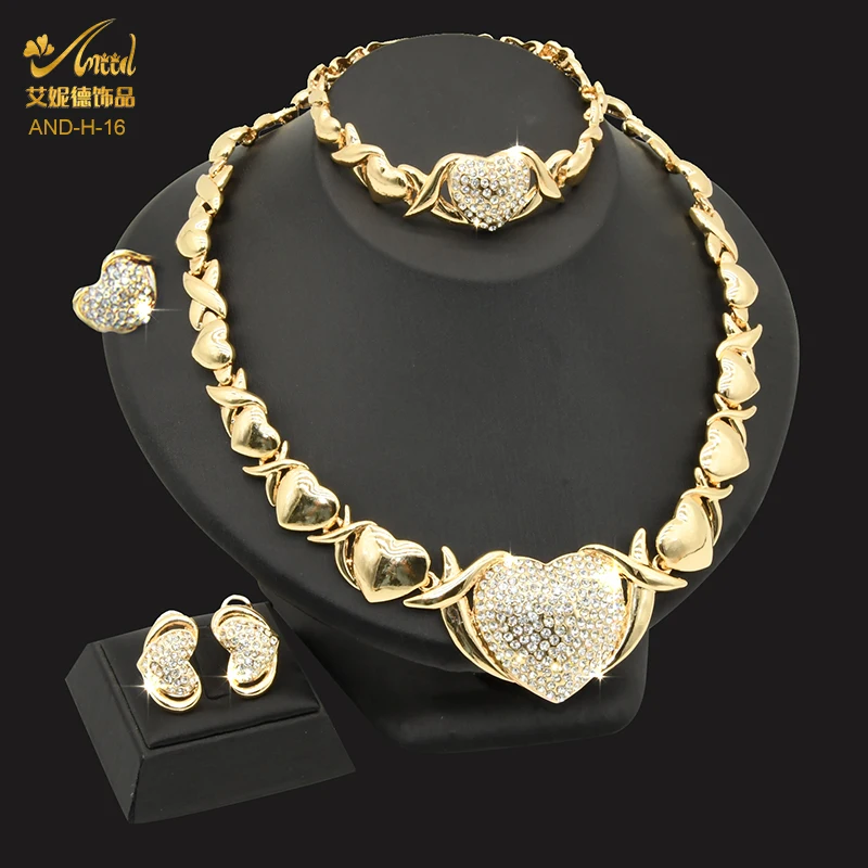 ANIID Dubai collana di gioielli placcati in oro Set matrimonio sposa donna nigeriano XOXO cuore bracciali e orecchini in cristallo anello