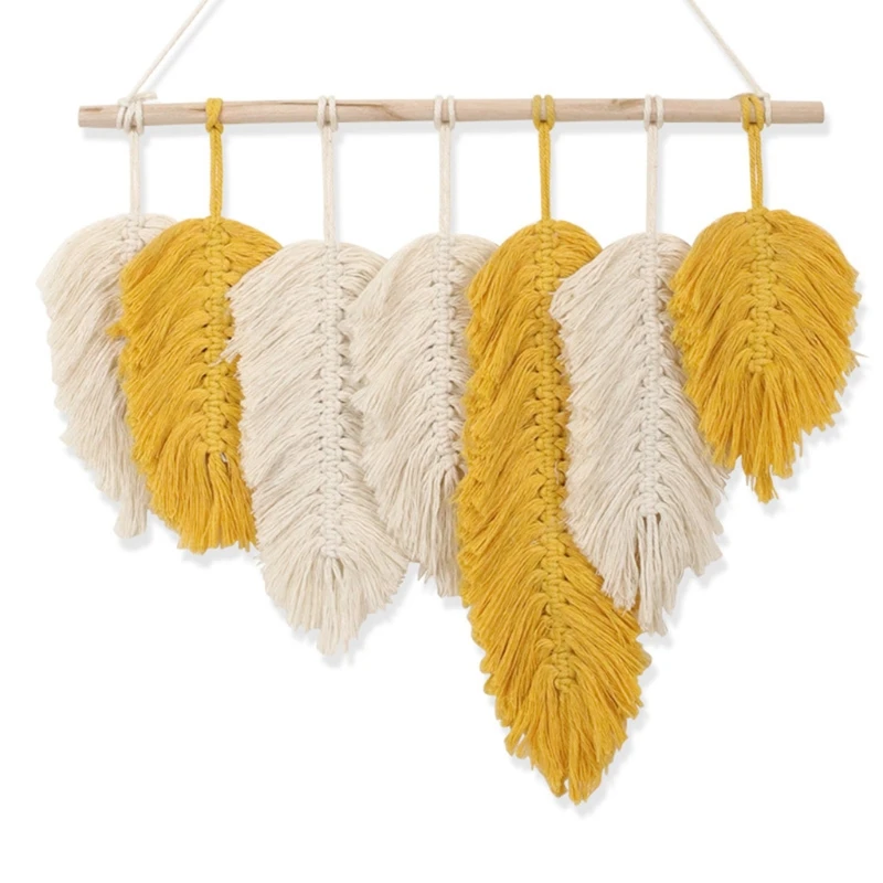 

OOTDTY Handmade Macrame Wall Hanging Toy Cotton Feathers Woven Leaves Door Porch Pendents Toy Boho Children Room Decor Tapestry