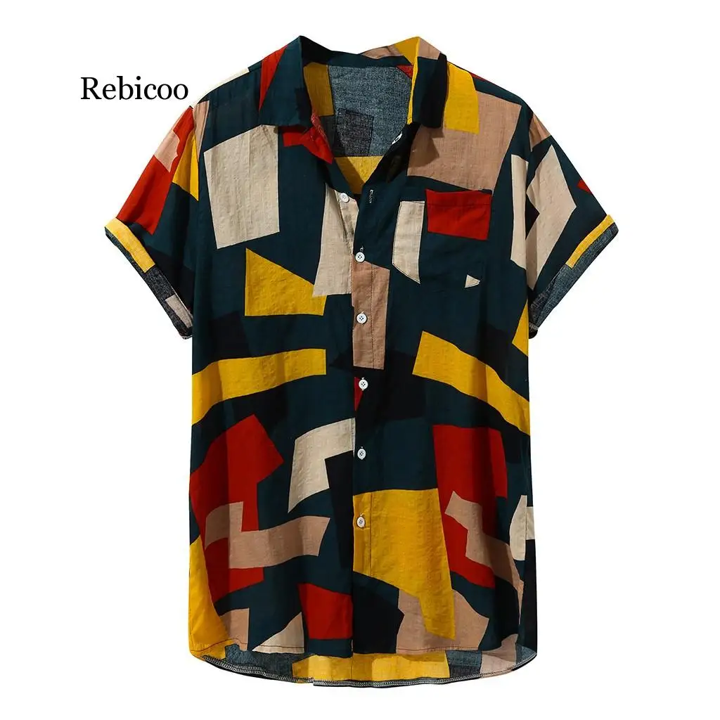 

2020 New Stylish Hot Sale Mens Vintage Ethnic Printed Turn Down Collar Short Sleeve Loose Shirt