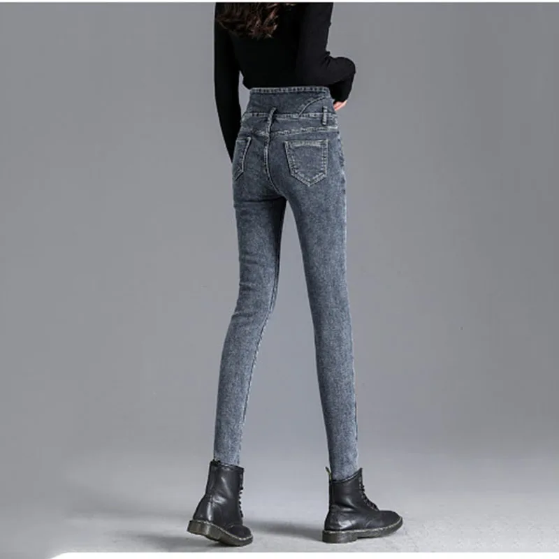 Solid Color Women Winter Warm Jeans 2023 New Elegant High-waist Stretch Trousers Thickening Leisure Slim Female Pants F022