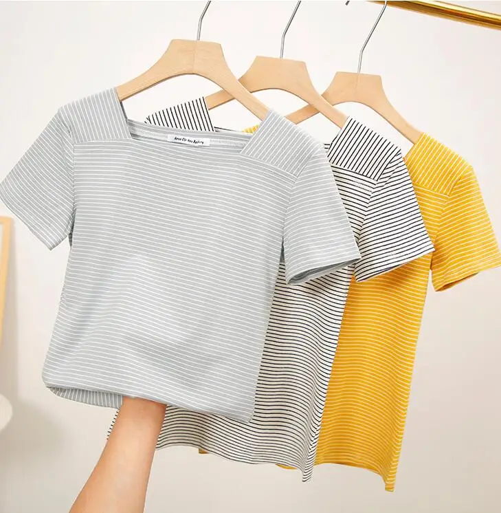 

Women Striped Tshirt Cotton V-Neck Short Sleeve Female T shirt Ladies Tops 2020 Casual Summer Striped Ladies Top Tees Black