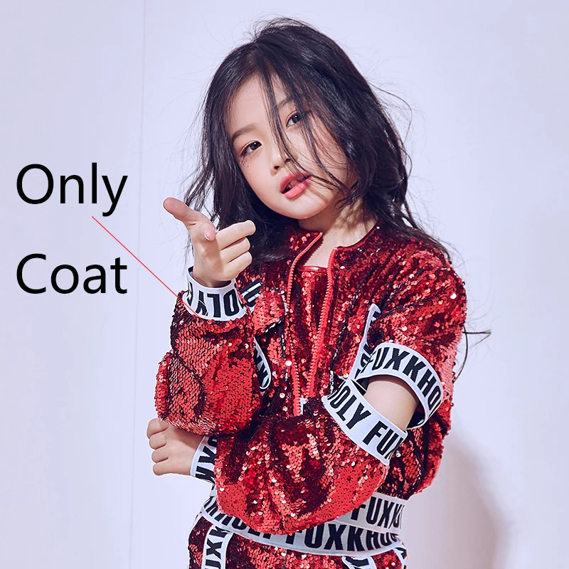 Red Coat Танцевальный костюм в стиле хип-хоп; наряд с блестками для девочек; жилет; шорты; куртка; Детские костюмы в стиле джаз; одежда для уличных танцев; сценическое платье; DQI333 - Цвет: Red Coat