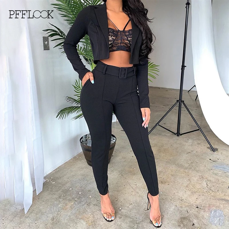 Black PFFLOOK летний комплект из двух предметов для работы OL пиджак и шорты женский комплект 2 шт. поясом с рукавом 3/4 Женский комплект из двух предметов - Цвет: Black