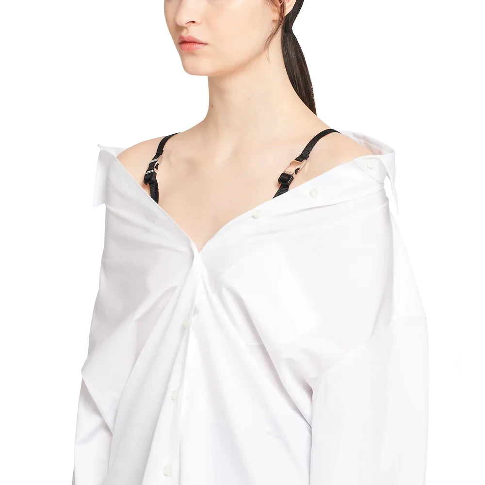 

2021 NEW casual all-match off-shoulder metal button shirt, summer fashion deep v neckline small design shirt blouse women